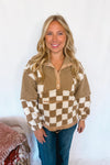 Casual Comforts Checkered Sherpa Pullover - Taupe