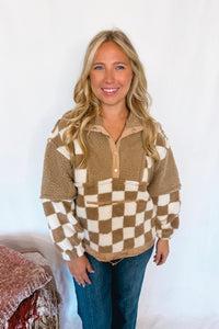 Casual Comforts Checkered Sherpa Pullover - Taupe
