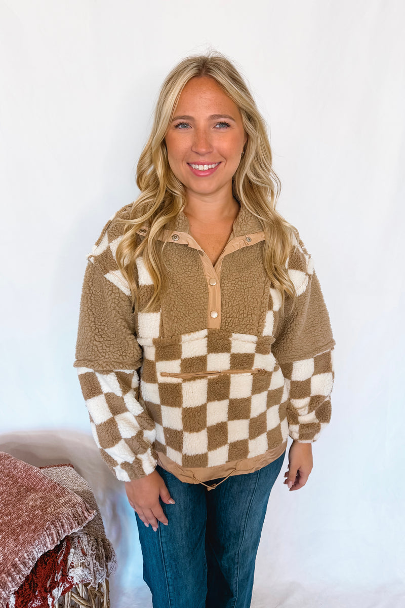 Casual Comforts Checkered Sherpa Pullover - Taupe