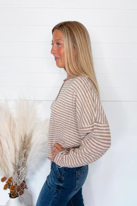 Gwen Lightweight Striped Button Sweater - Tan/Ivory