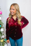 Sweet Shimmer Velvet Button Down Top - Burgundy