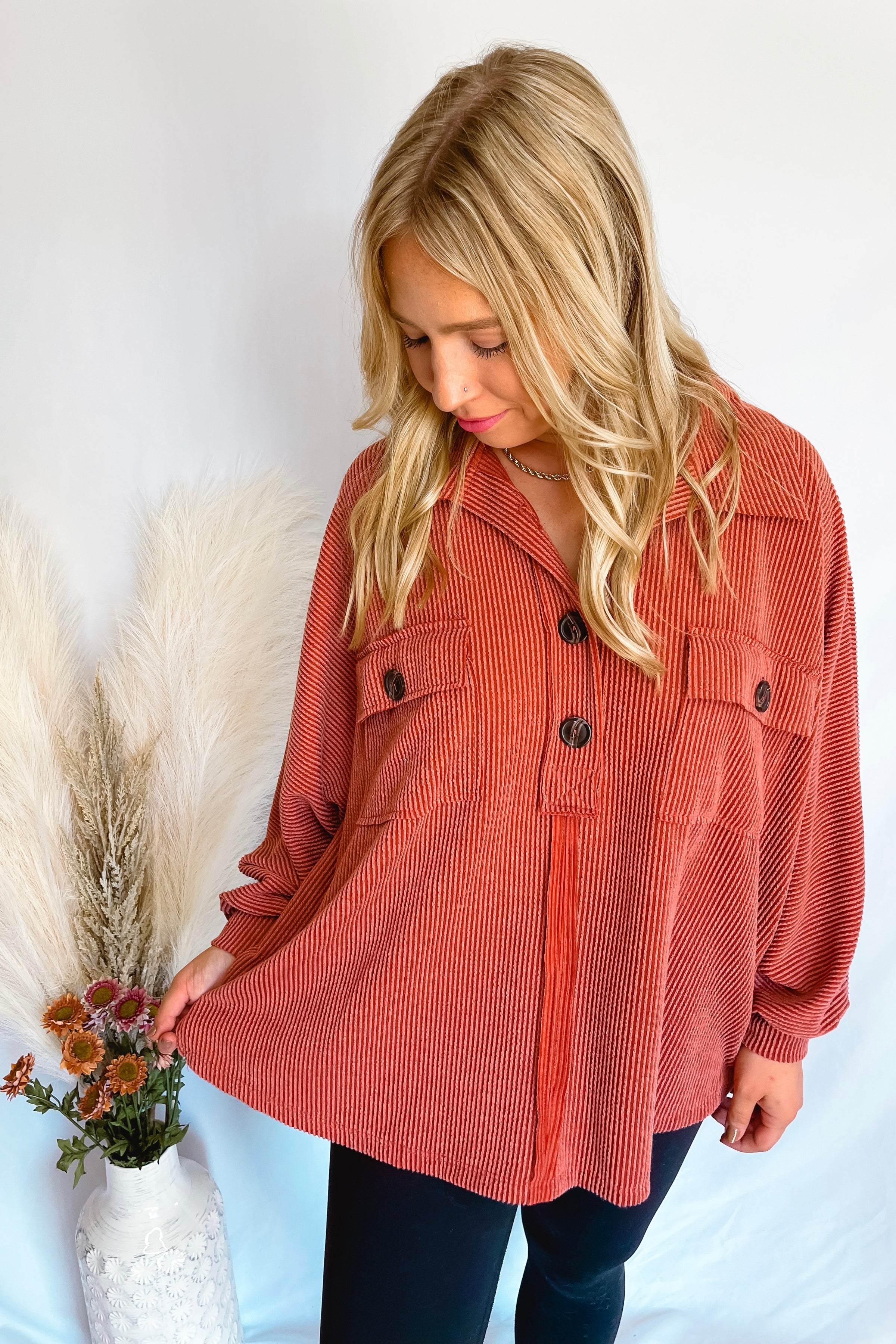 Autumn Spice Oversized Henley Top - Cinnamon