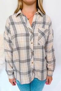 Slow Evening Plaid Button Down Flannel - Ivory/Grey