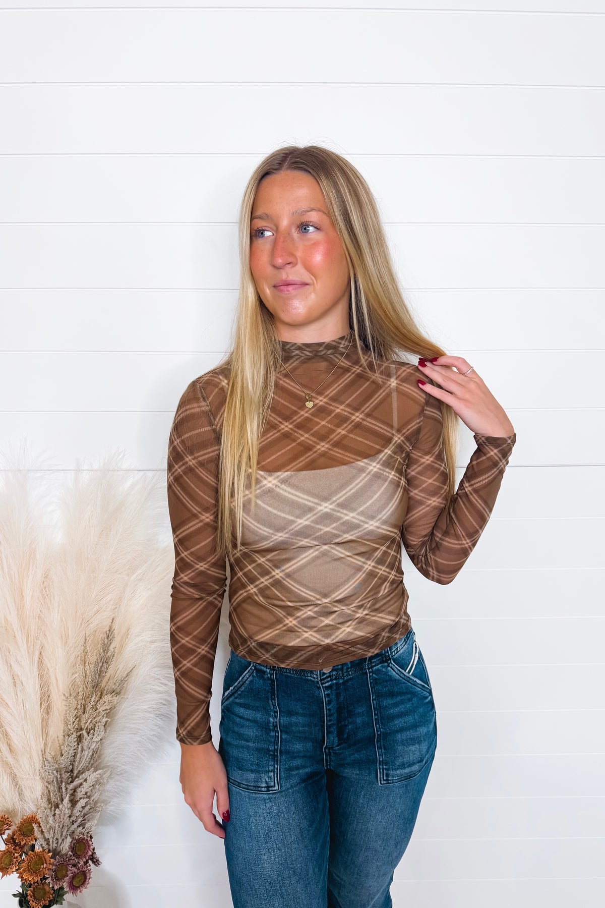 Frankie Mesh Mock Neck Plaid Top - Brown