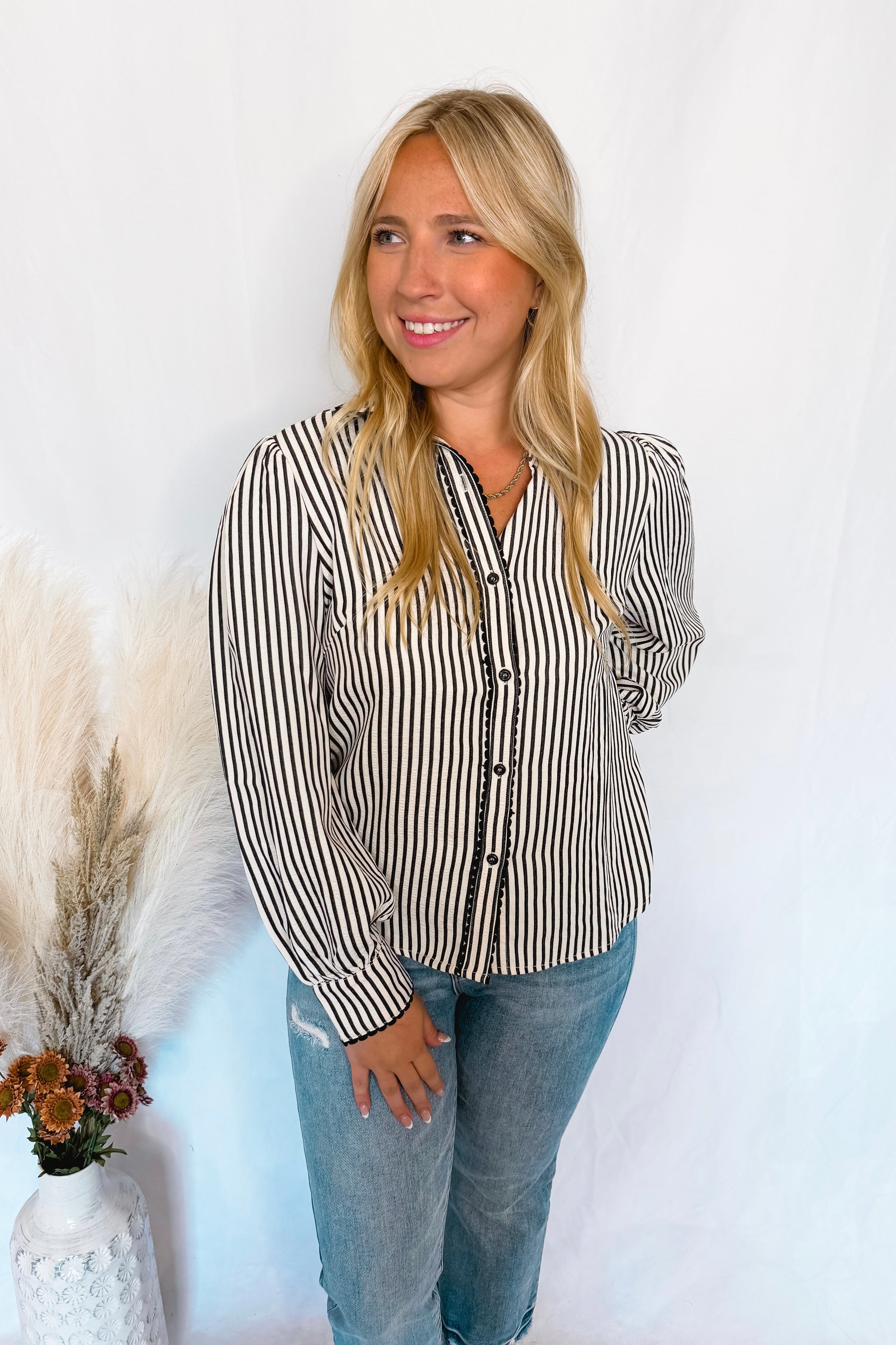 Charm And Chic Striped Button Down Top - Black/Ivory