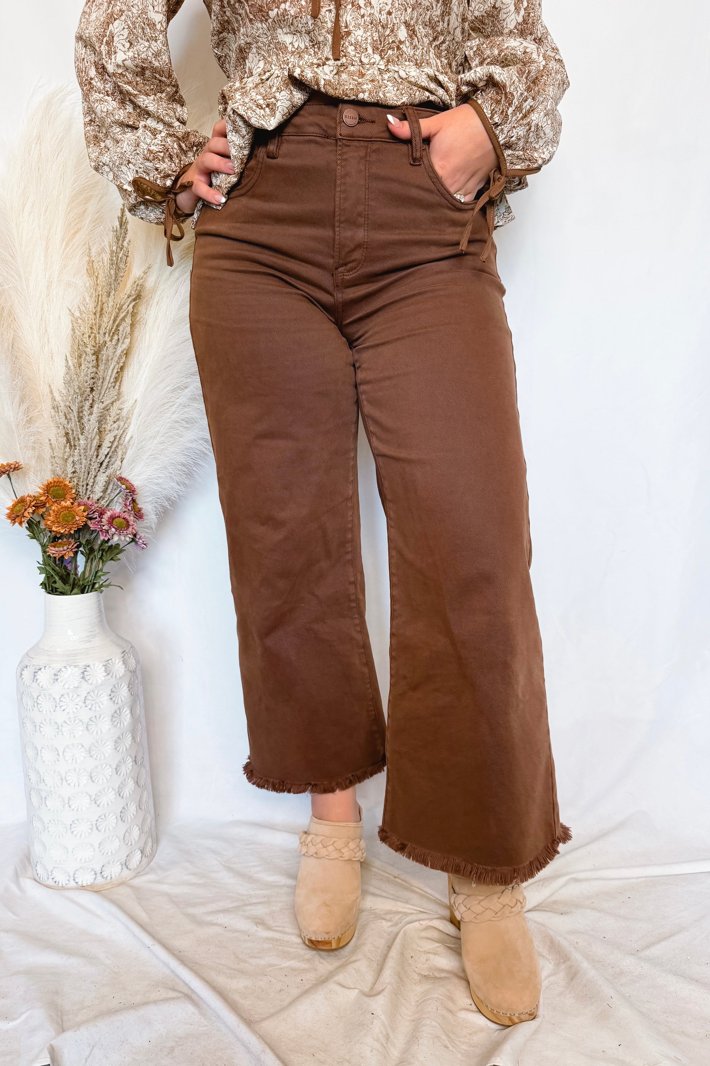 Jolie High Rise Wide Leg Risen Jeans - Brown