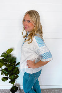 Blue Days Mixed Henley Top - Grey/Blue