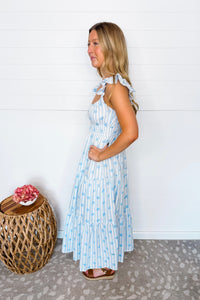 Garden Party Striped Floral Midi Dress - Light Blue