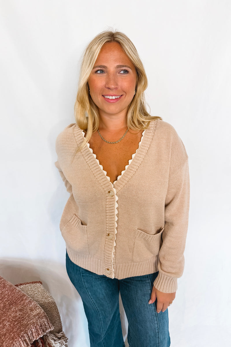 Lacy Days Knit Button Cardigan - Tan
