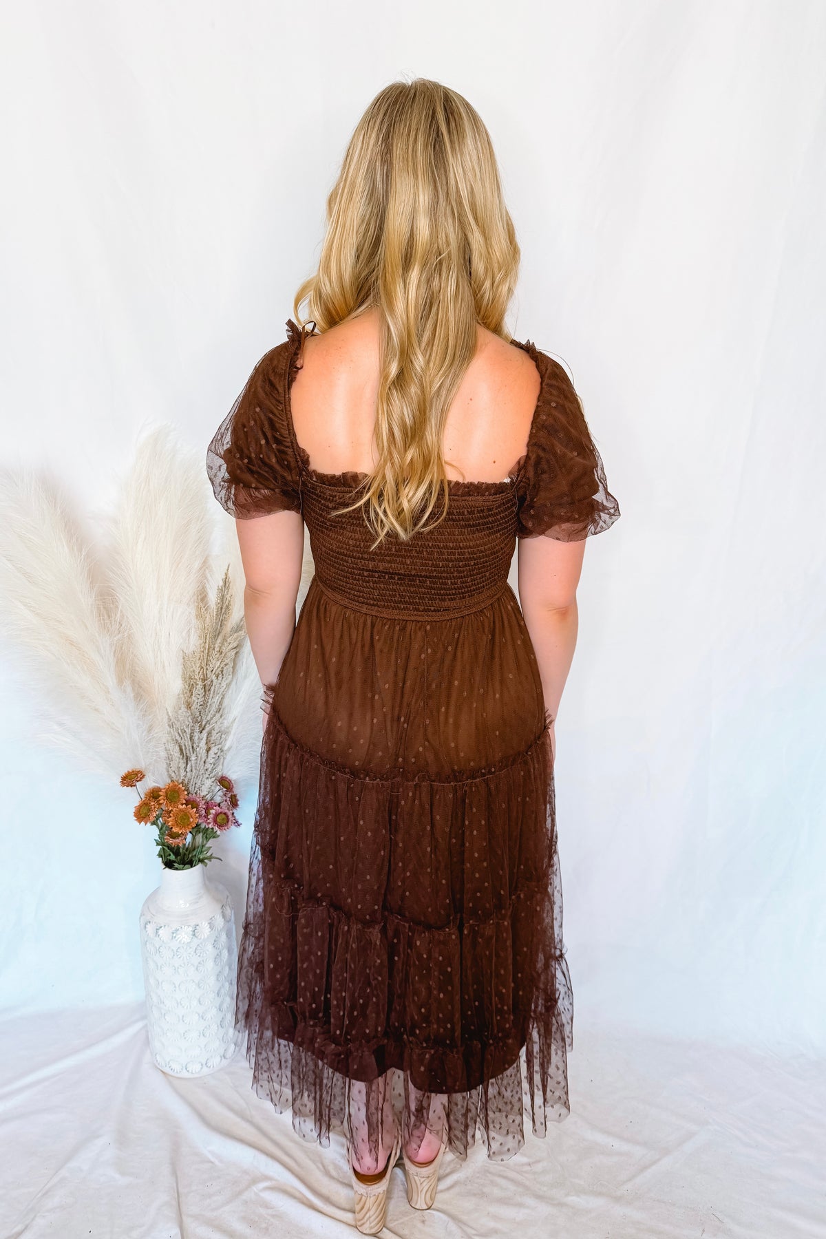 Phoebe Puff Sleeve Tulle Midi Dress - Brown