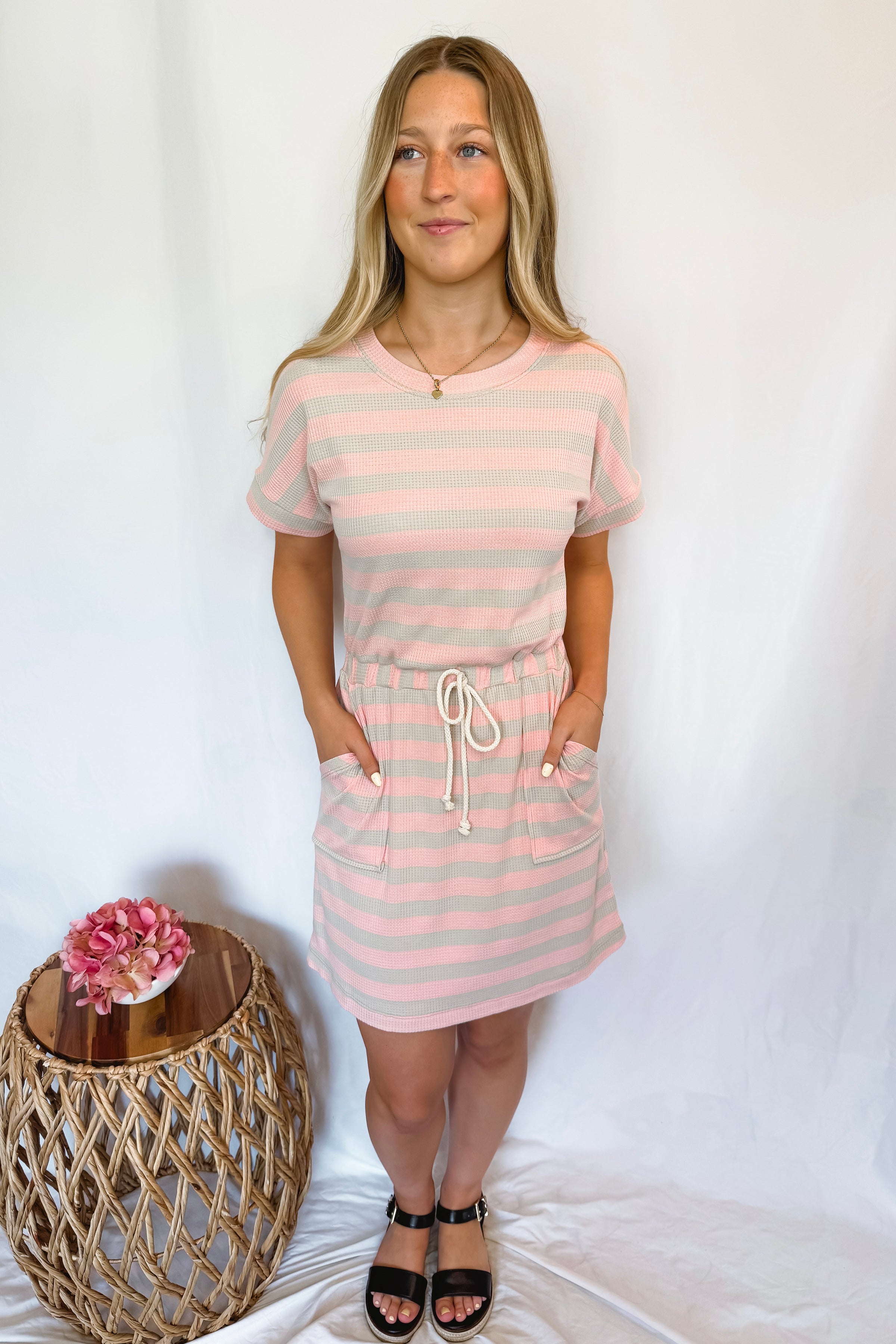 Beside Me Striped Drawstring Mini Dress - Pink/Grey