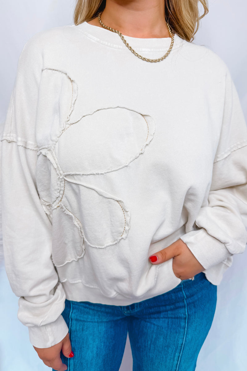 Frayed Flower Mineral Washed Crew Neck Top - Ivory