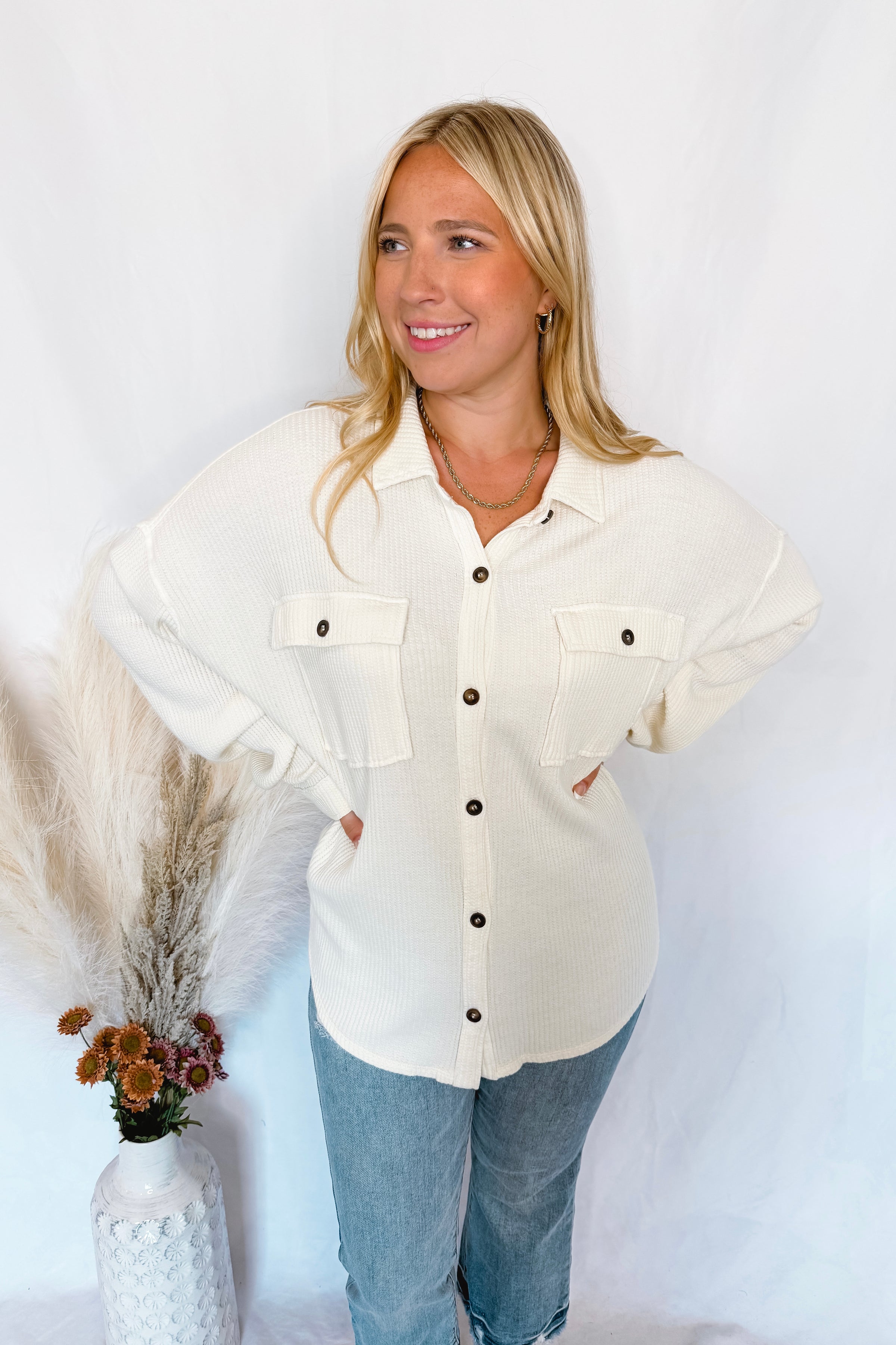 Cozy Mindset Waffle Knit Button Down - Ivory