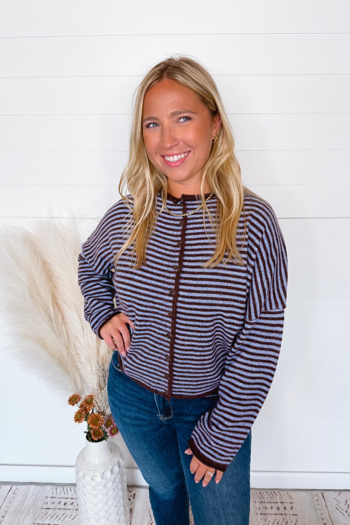 Gwen Lightweight Striped Button Sweater - Blue/Brown