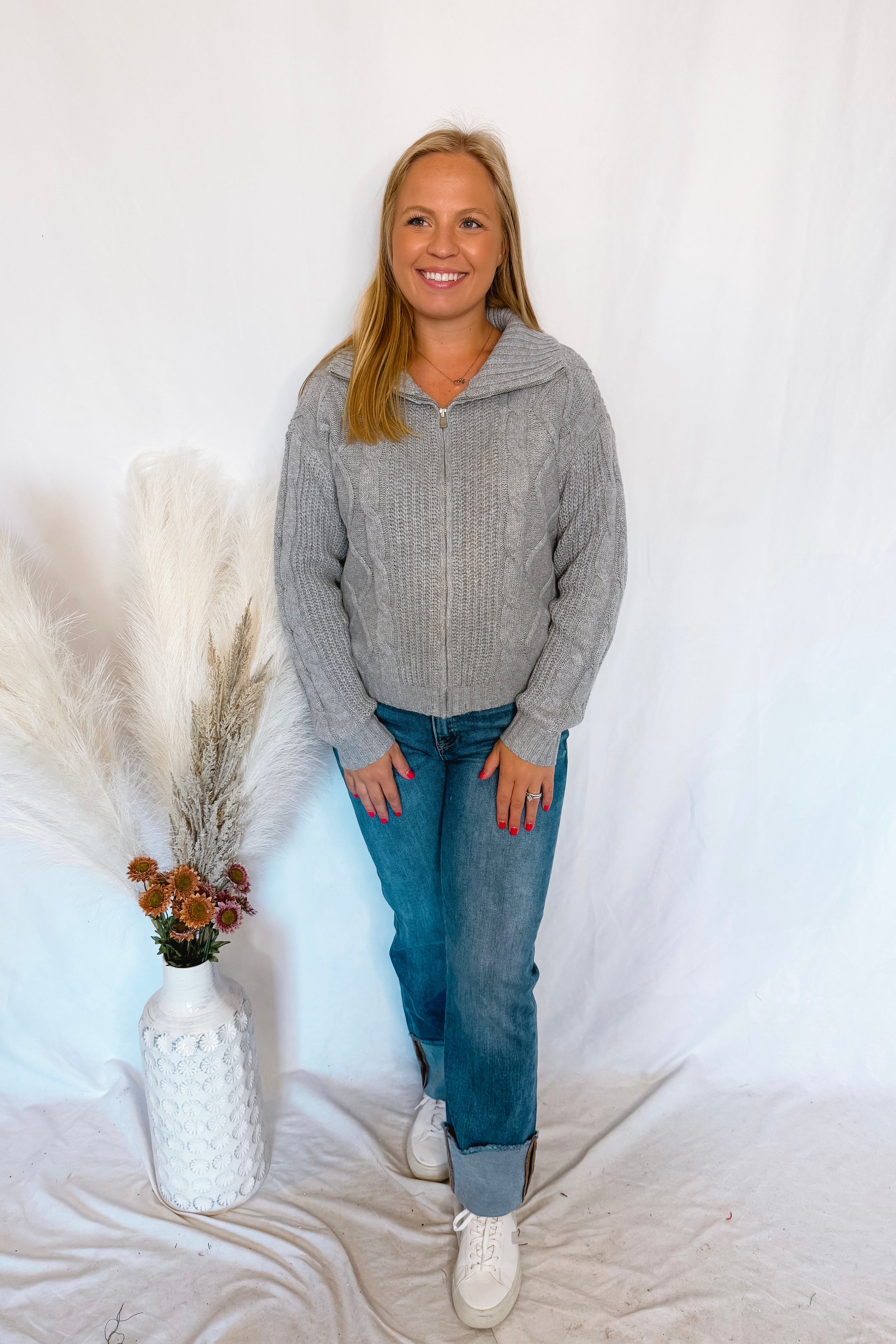 Grey Days Zip Up Cable Knit Sweater - Grey