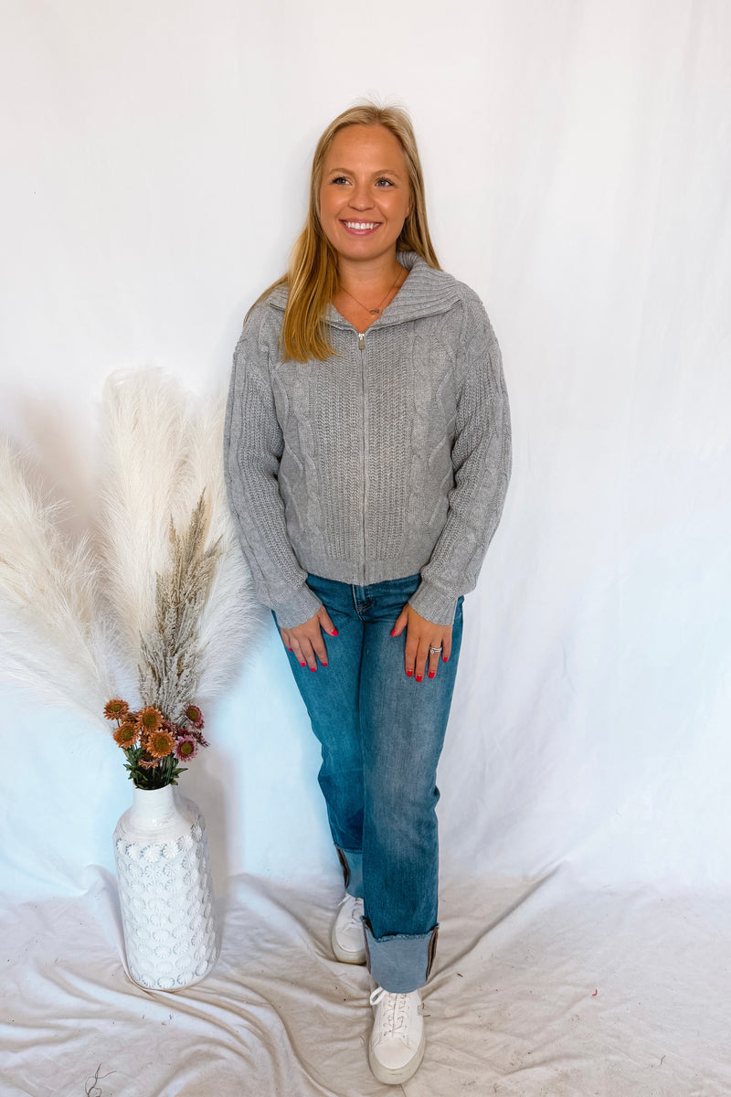 Grey Days Zip Up Cable Knit Sweater - Grey