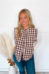 Coffee Time Quilted Gingham Vest - Brown