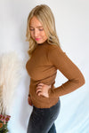 Izzy Ribbed Lettuce Edged Mock Neck Top - Camel