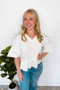 Cool And Casual Ruffle V-Neck Tee - White