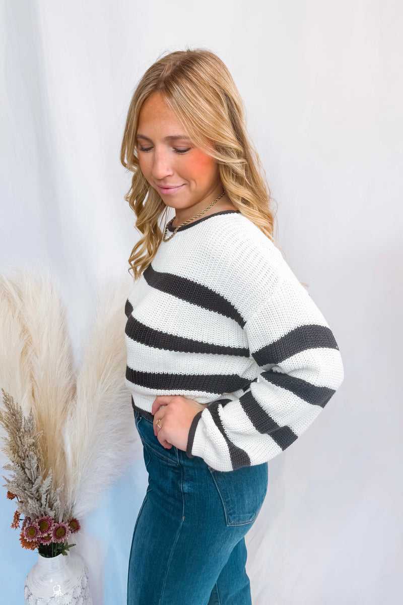 Cooler Vibes Striped Knit Sweater - Ivory/Charcoal