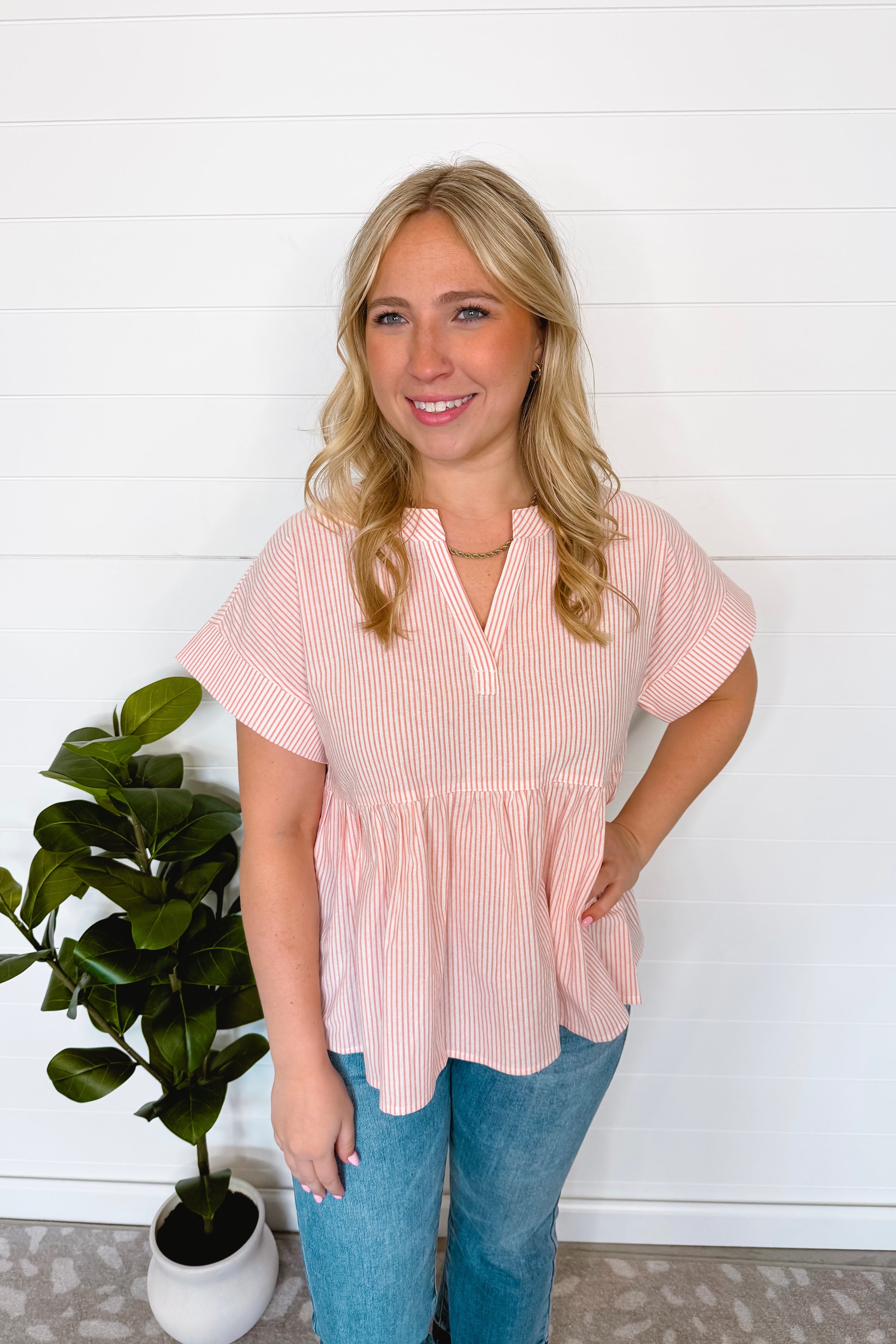 Annie Striped Split Neck Peplum Top - Blush
