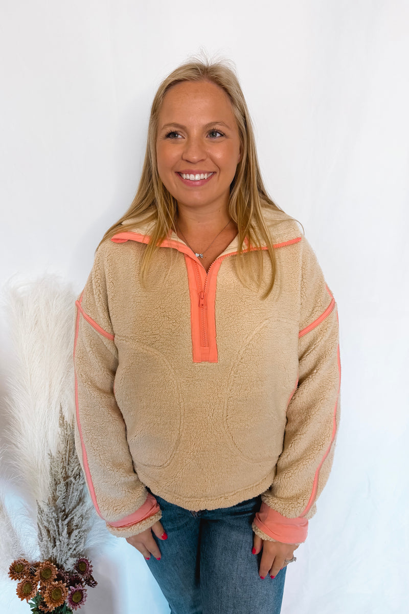 Staying Warm Sherpa Quarter Zip Pullover - Tan