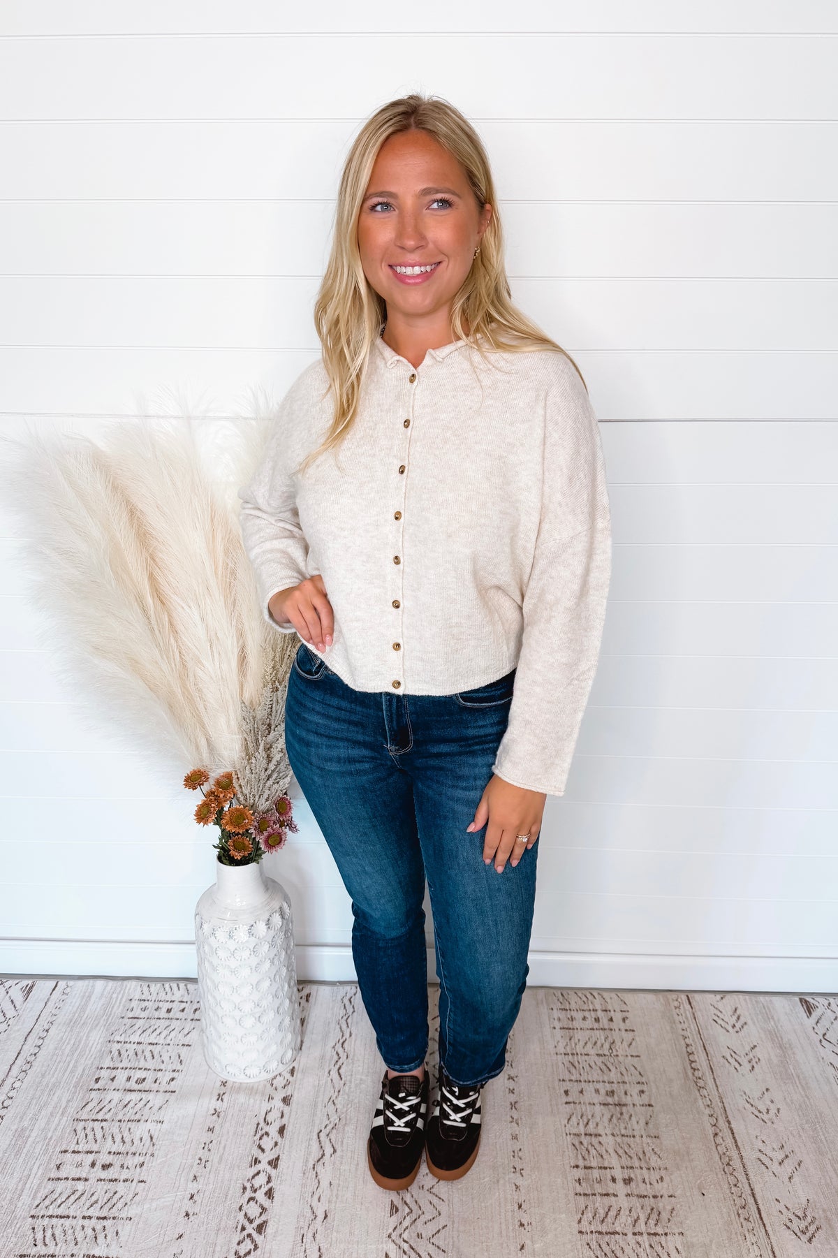 Sweet Breeze Lightweight Button Sweater - Oatmeal