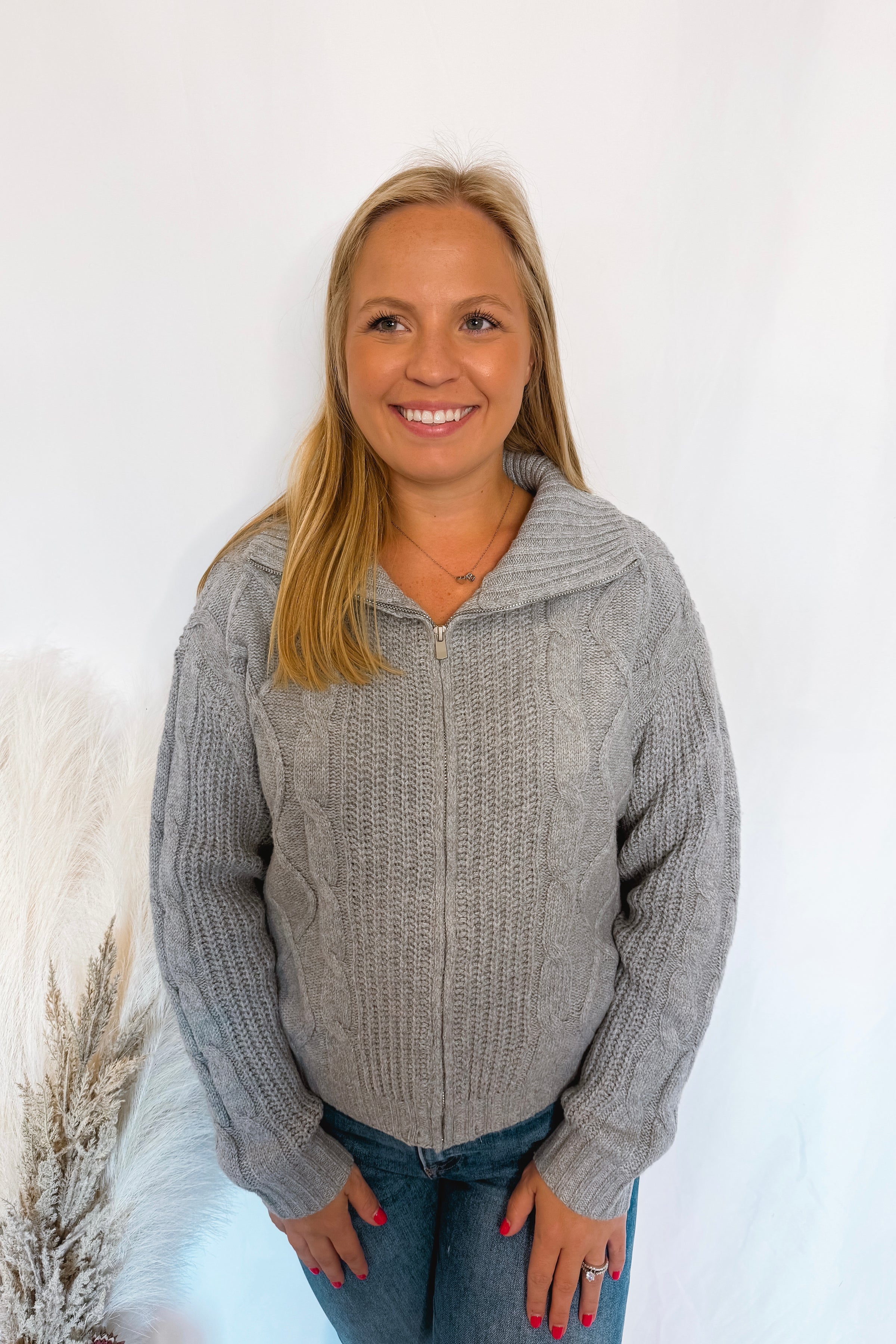 Grey Days Zip Up Cable Knit Sweater - Grey