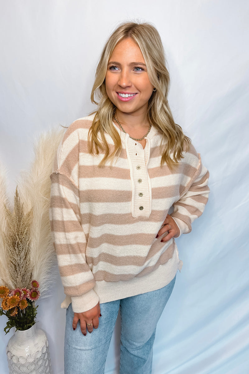 The Lover Striped Henley Sweater - Taupe