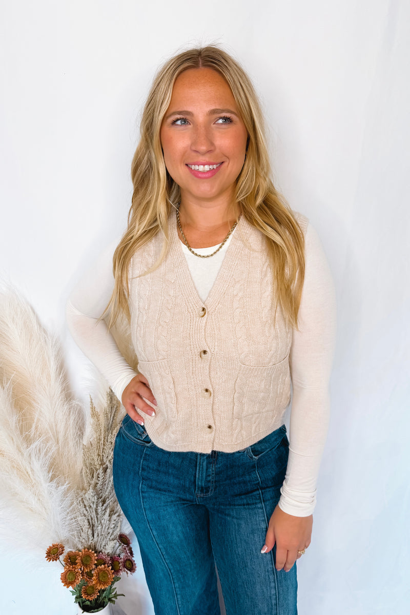 Glory Days Cable Knit Sweater Vest - Oatmeal