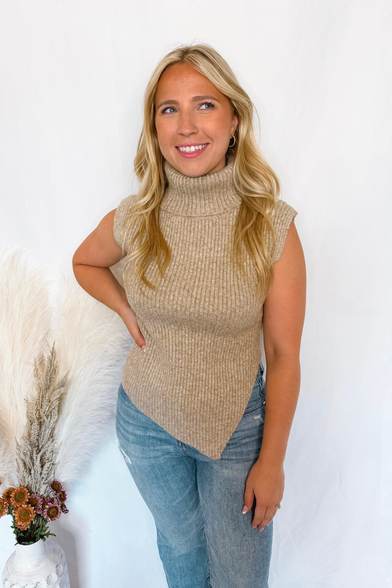 Let's Go Fall Asymmetrical Turtle Neck Sweater Vest - Taupe