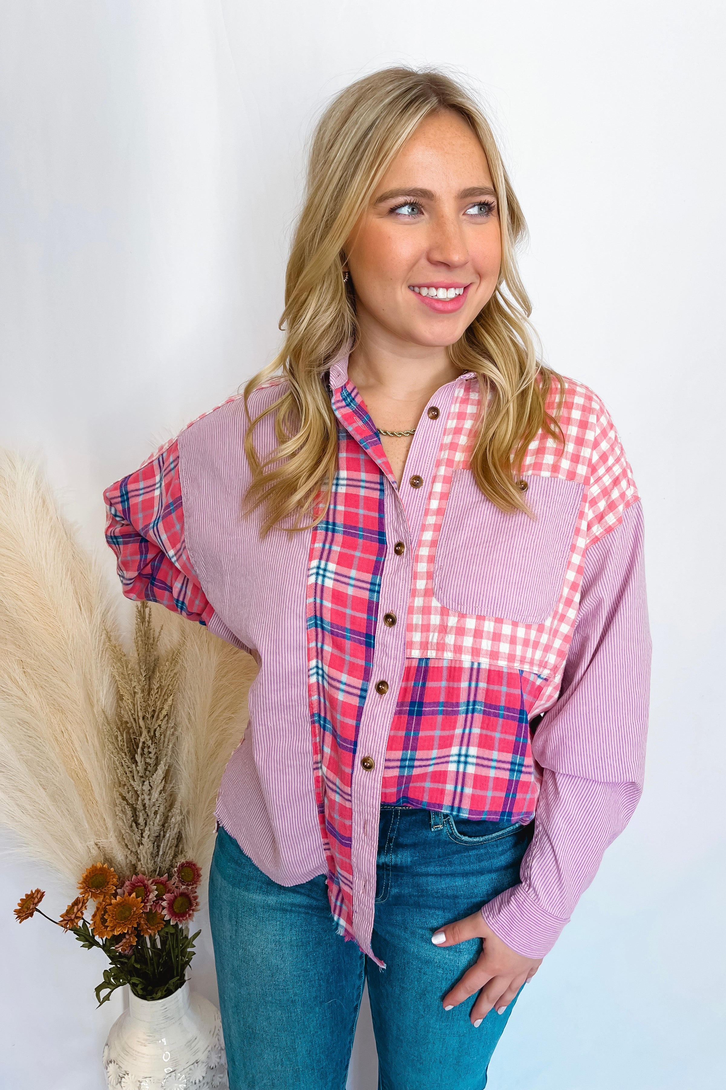 Rosie Oversized Plaid Top - Pink/Lavender