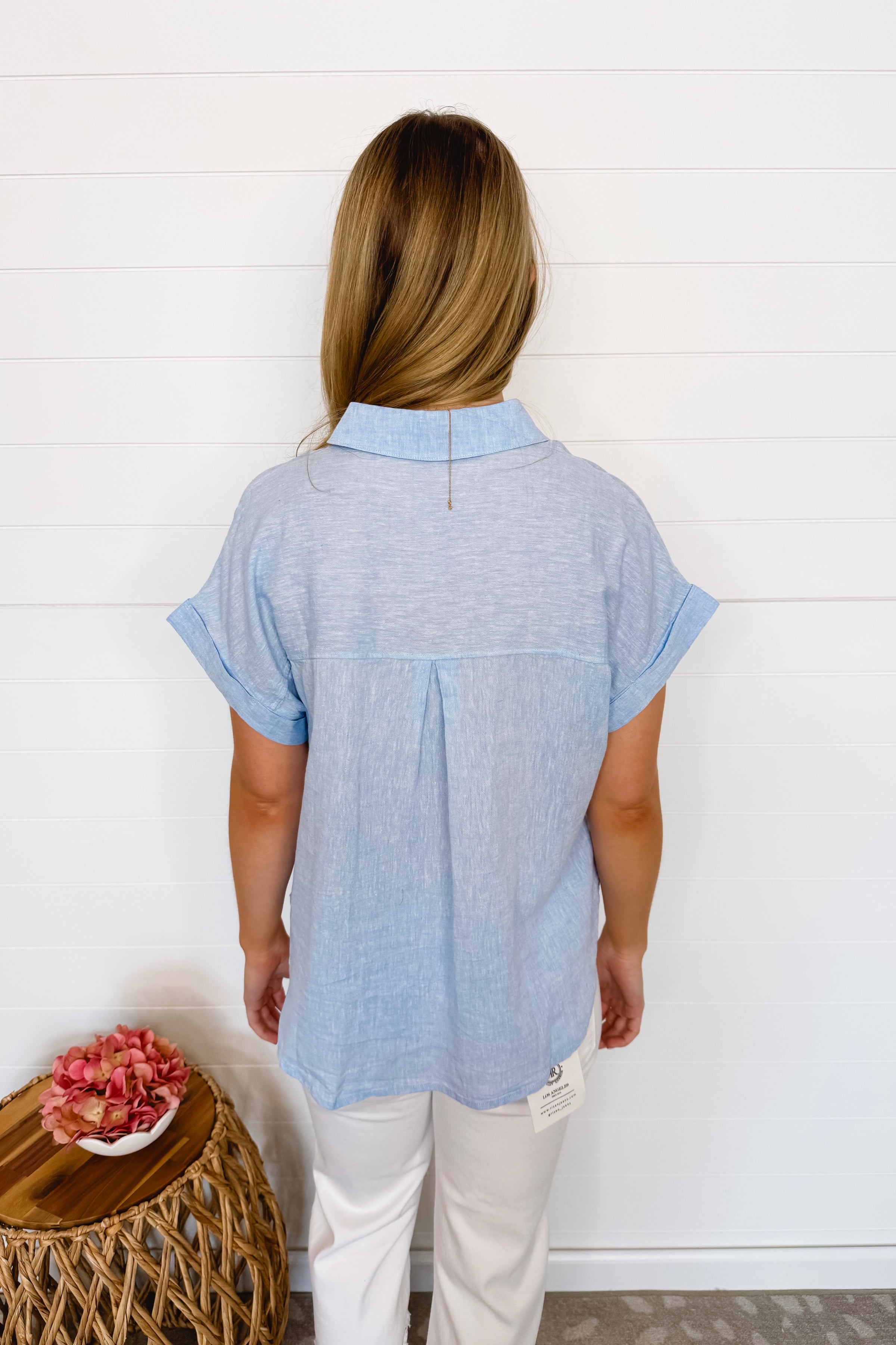 Warm Breezes Linen Blend Button Down Top - Blue