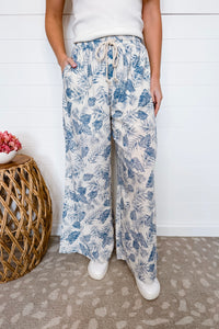 Summer Days Tropical Palm Leaf Wide Leg Pants - Blue/Ivory