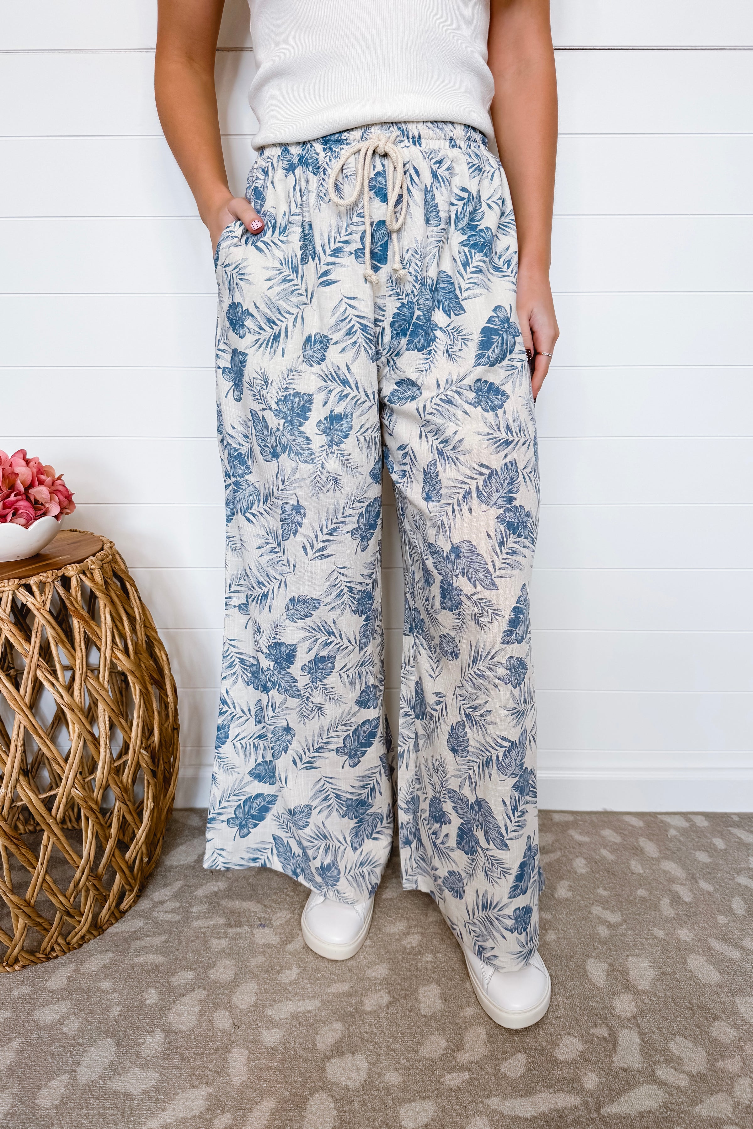 Summer Days Tropical Palm Leaf Wide Leg Pants - Blue/Ivory