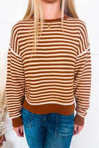 Cooler Evening Striped Knit Sweater - Mocha/Cream