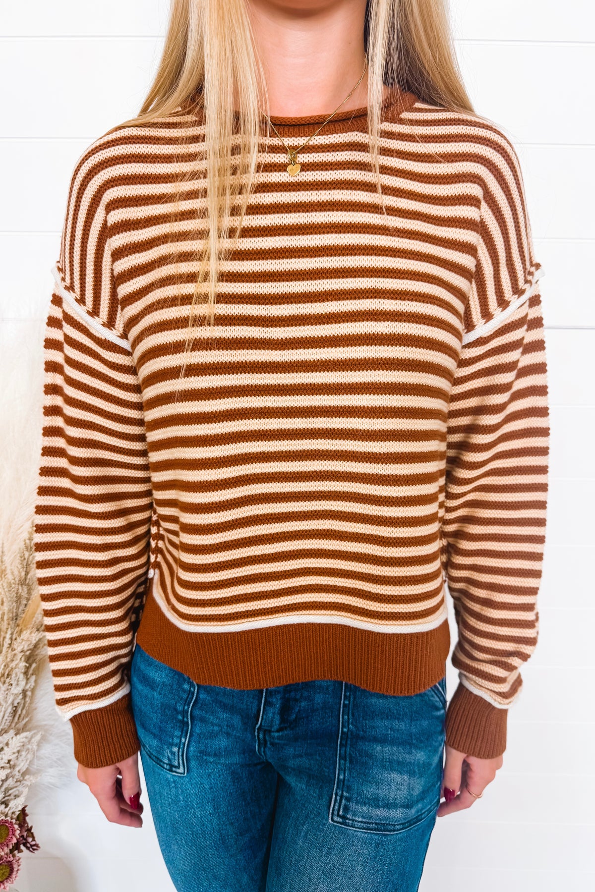 Cooler Evening Striped Knit Sweater - Mocha/Cream