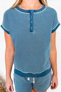 Casual Charm Striped Henley Top - Denim Blue