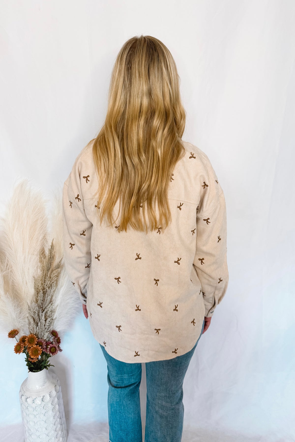 Pumpkin Patch Bow Corduroy Shacket - Ecru
