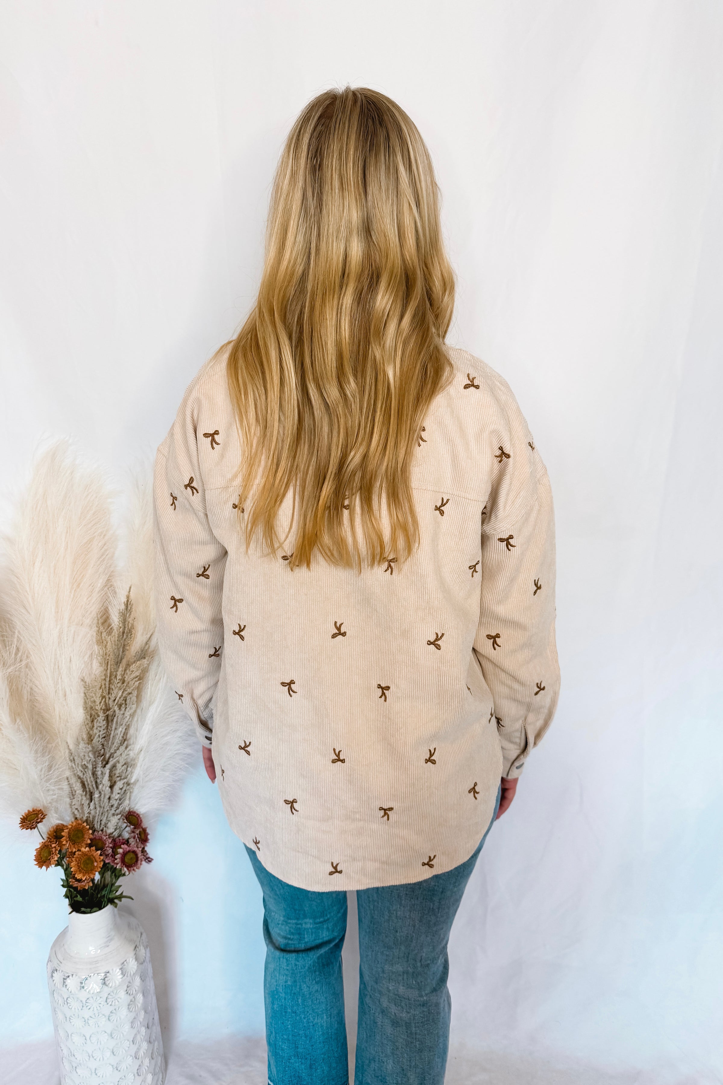 Pumpkin Patch Bow Corduroy Shacket - Ecru