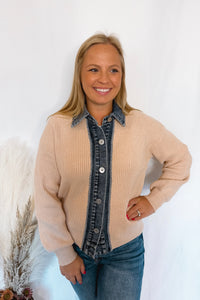 Modern Comfort Denim Contrast Button Sweater - Beige