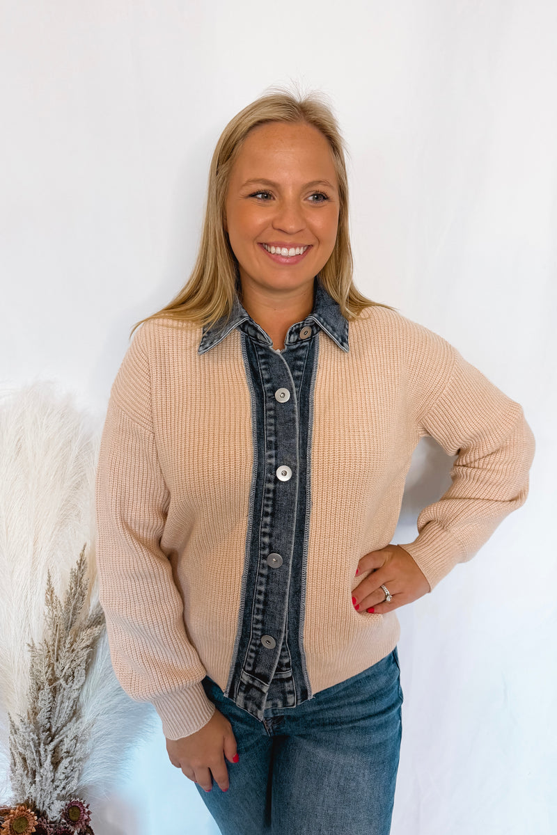 Modern Comfort Denim Contrast Button Sweater - Beige