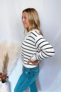 Fall Hike Quarter Zip Striped Knit Pullover - Ivory/Black