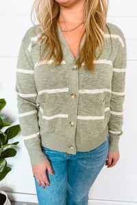 Everyday Striped Lightweight Button Cardigan - Sage