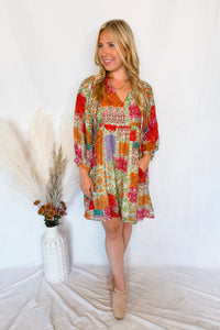 Tea Garden Patchwork Shift Dress - Green/Multi