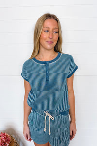 Casual Charm Striped Henley Top - Denim Blue