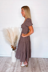 Full Of Grace Plaid Puff Sleeve Midi Dress - Brown