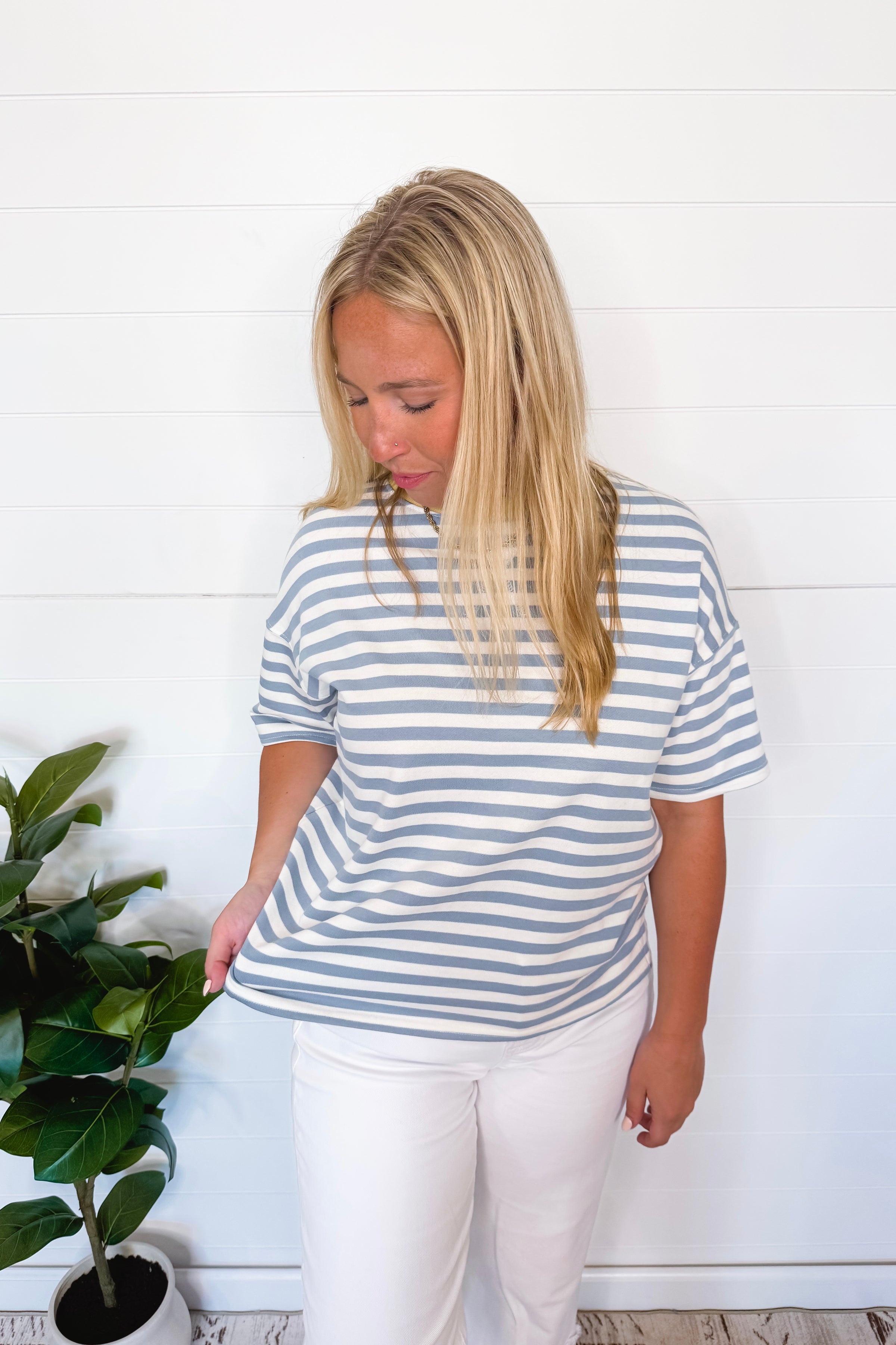 Casual Flow Striped Tee - Dusty Blue