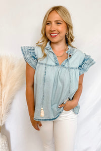 Stunning Vibes Chambray Ruffle Sleeve Top