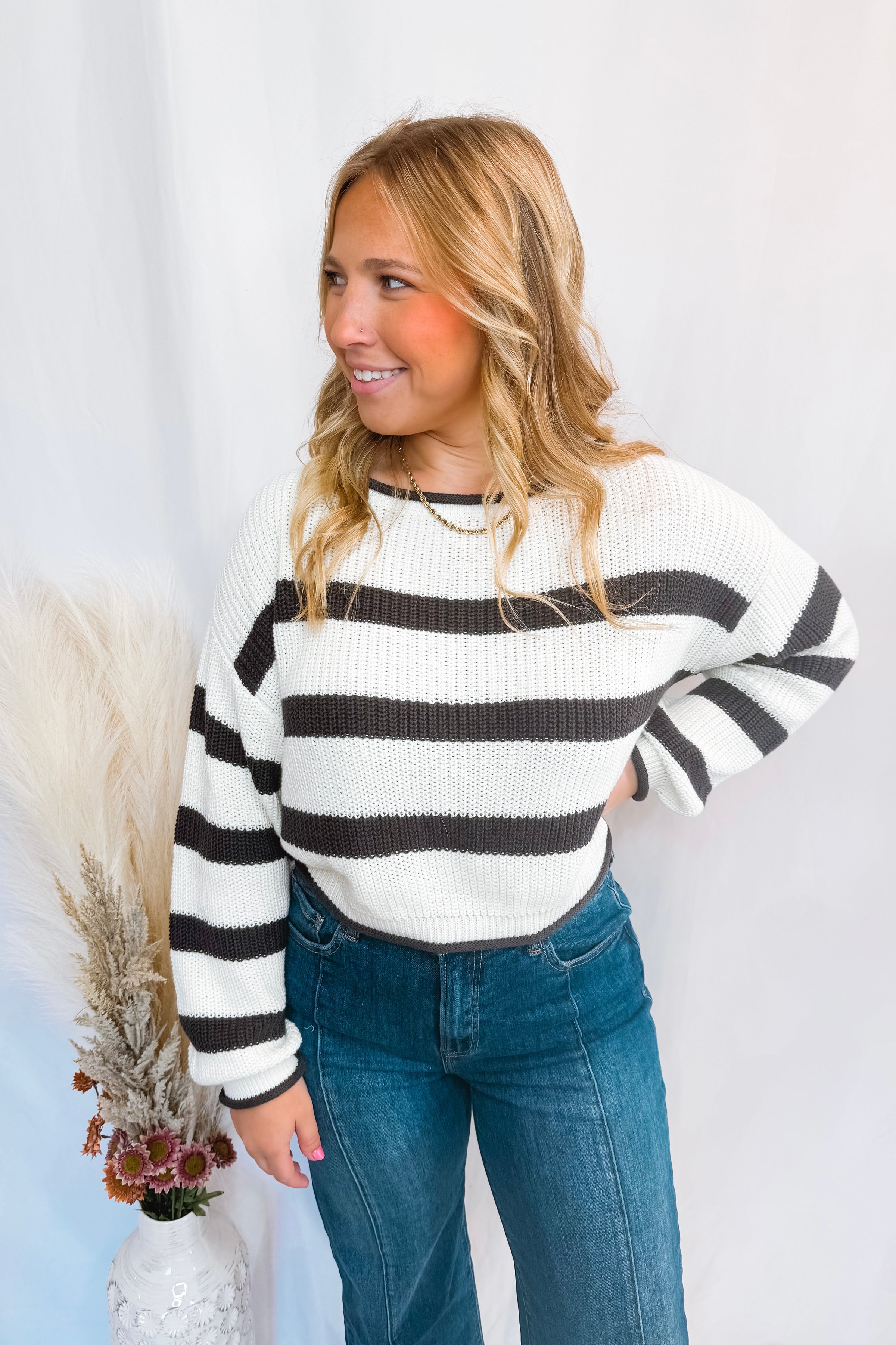 Cooler Vibes Striped Knit Sweater - Ivory/Charcoal